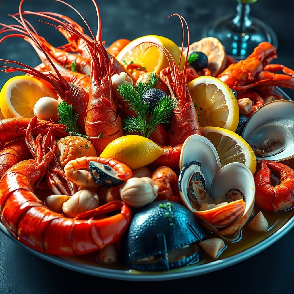 Succulent Seafood in Golden Wine Sauce, Artfully Arranged