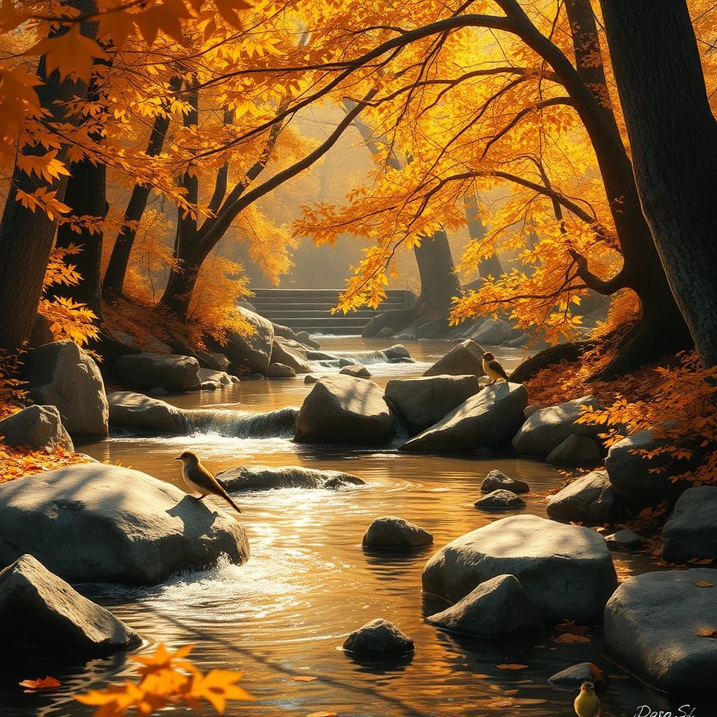 Sunlit Autumn Forest with Waterfalls in Hyperrealistic Style