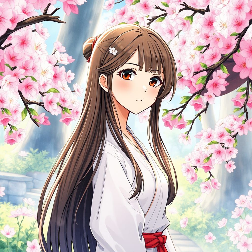 Anime Woman in Cherry Blossom Garden as Watercolor