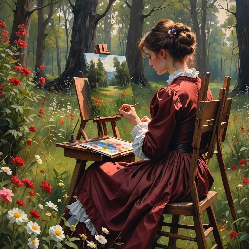 Female Painter Creating Landscape in Pastel Horror Style