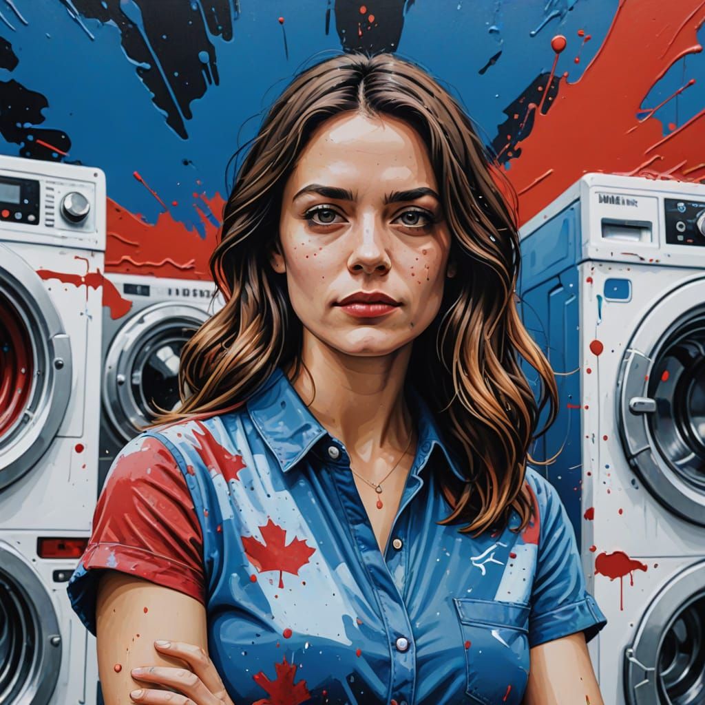 Woman Holds Sign in Front of Vibrant Washing Machines in Pop...
