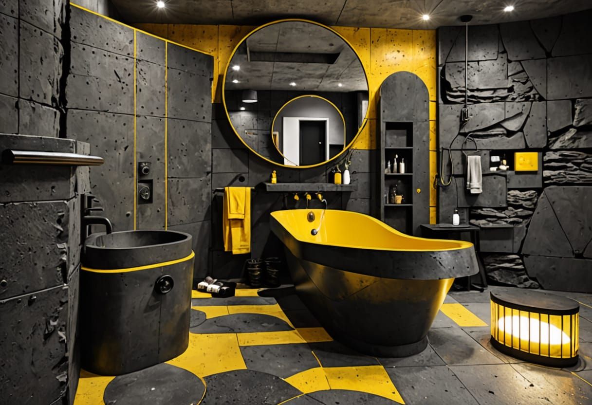 Brutalist Bathroom Suite with Basalt Walls and Yellow Black ...