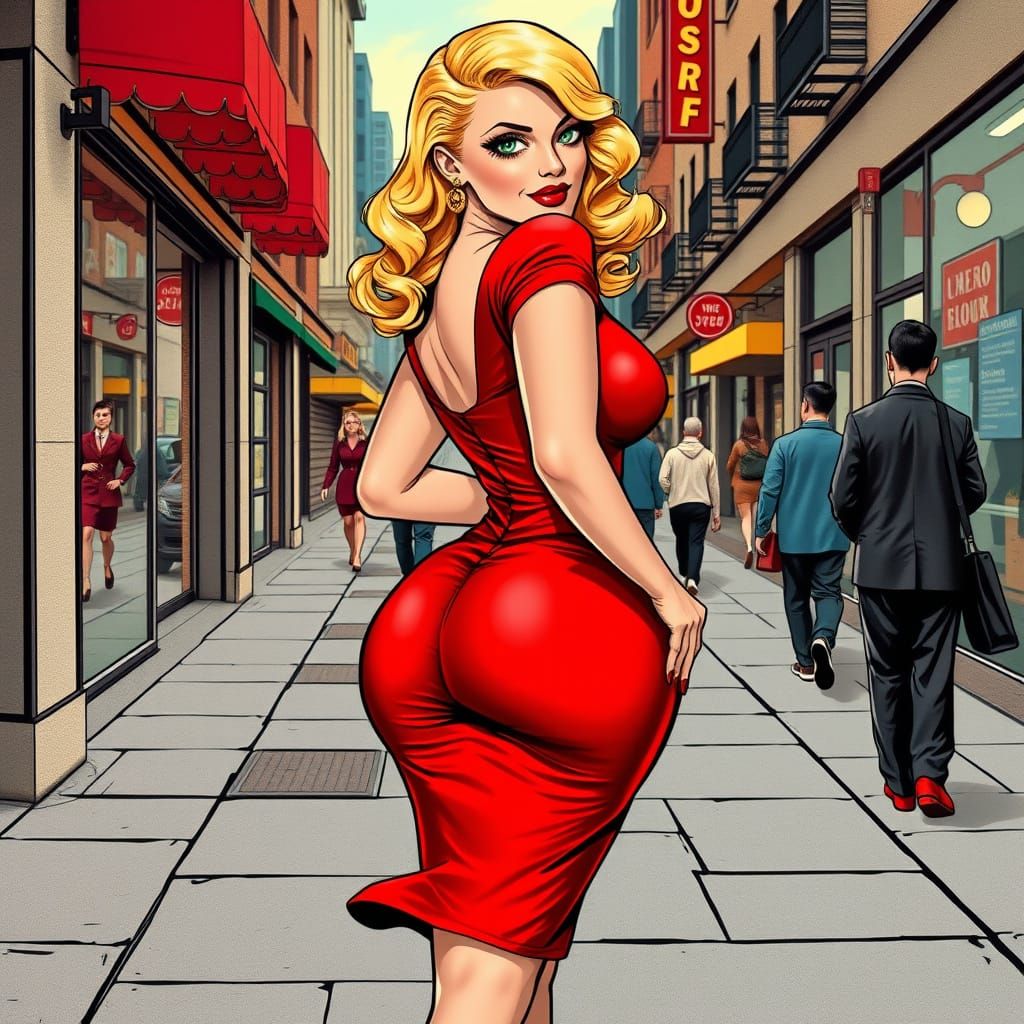 Vibrant 1940s Manga Femme Fatale Struts Down City Street