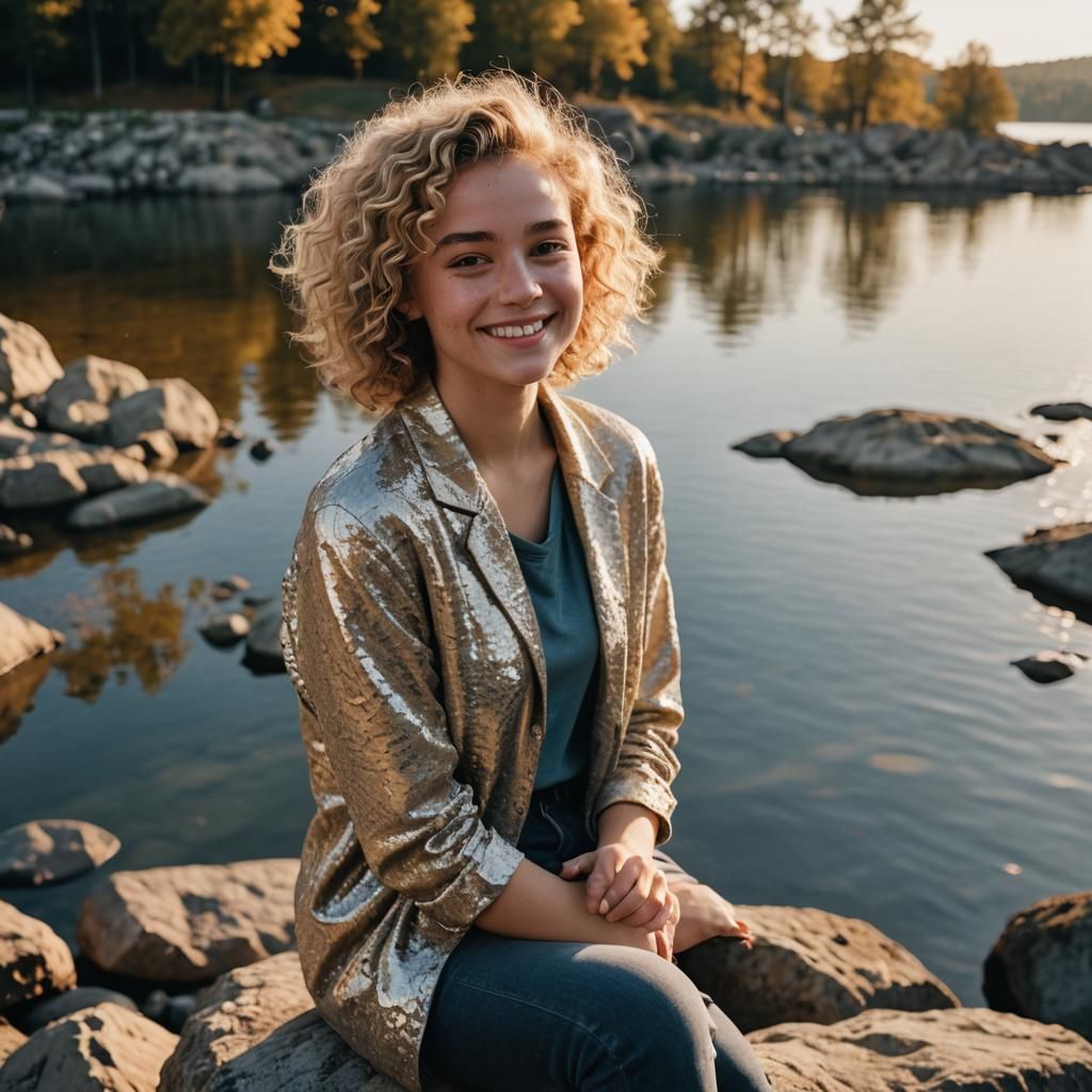 Smiling Woman by Lake: Golden Hour Street Portrait
