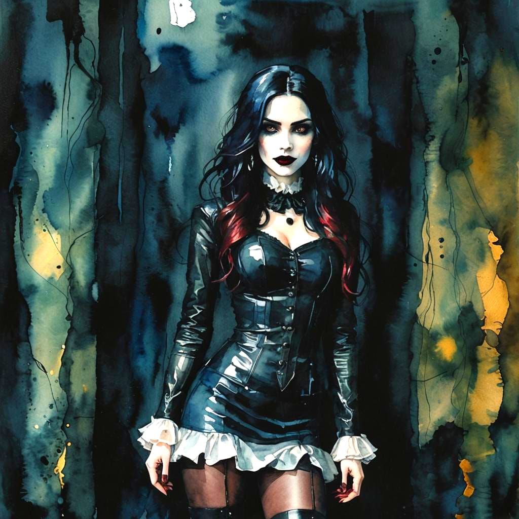 Watercolor Abstract: Attractive Goth Girl with Evil Grin