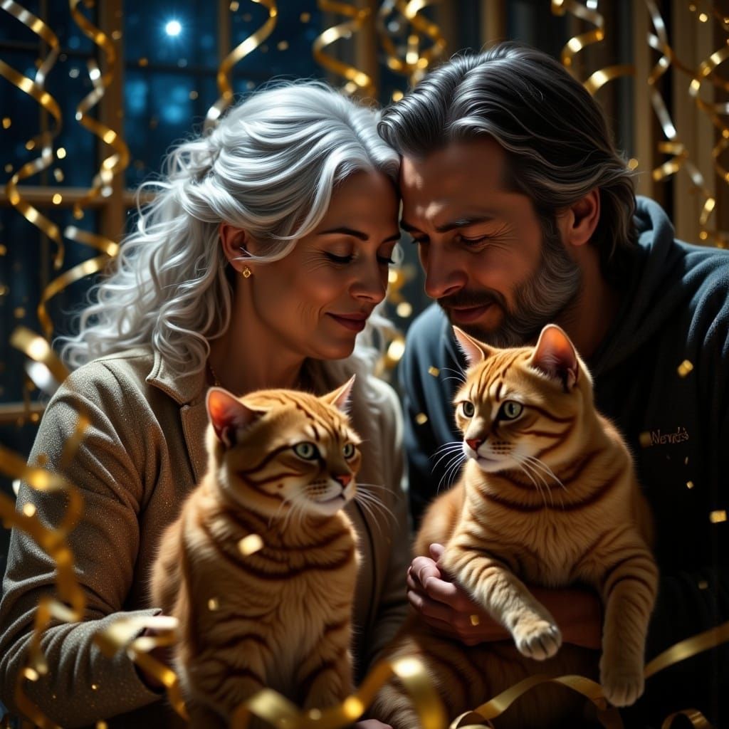 Couple Celebrating New Year's Eve with Ginger Cats
