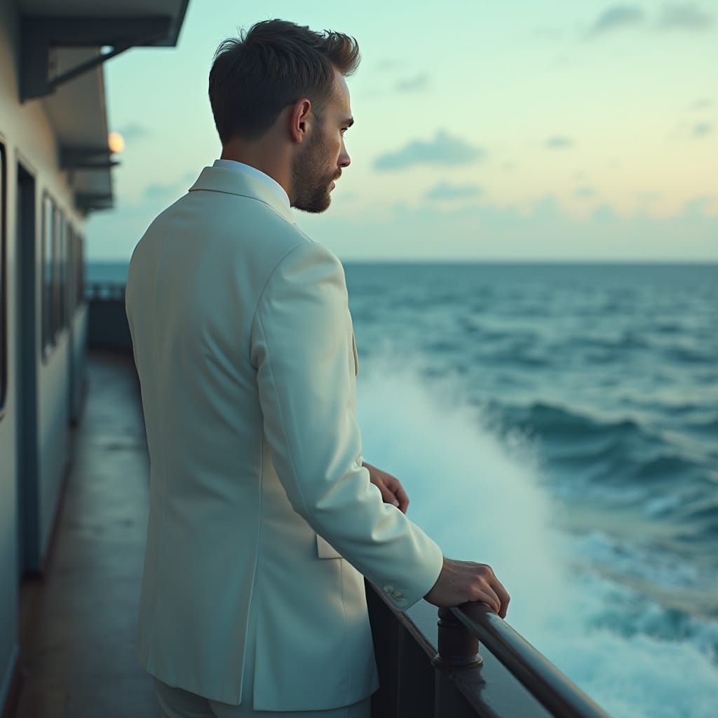 Man in White Suit on Navy Boat, Futuristic Style