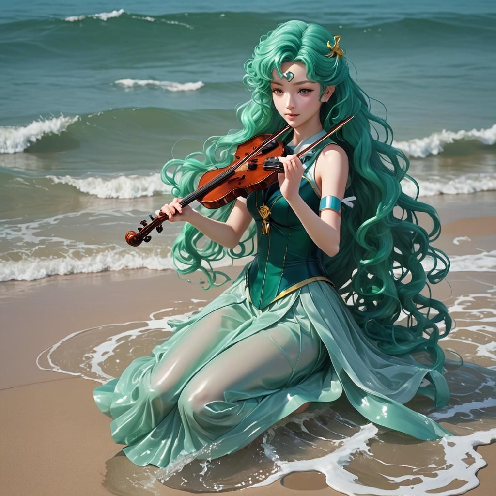 Beautiful woman with long curly Teal-colored hair playing a ...