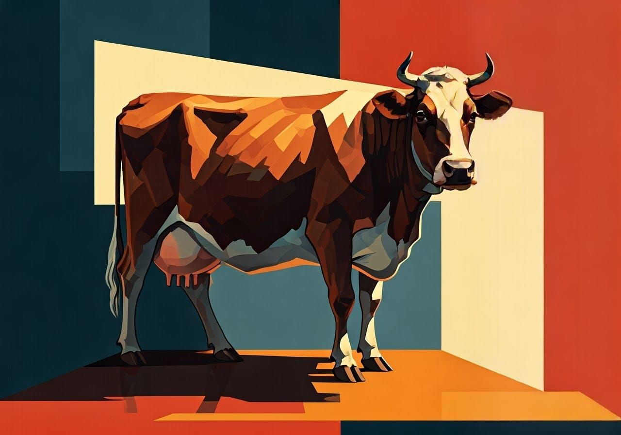 Cow in Bauhaus-Inspired Expressionist Geometric Setting