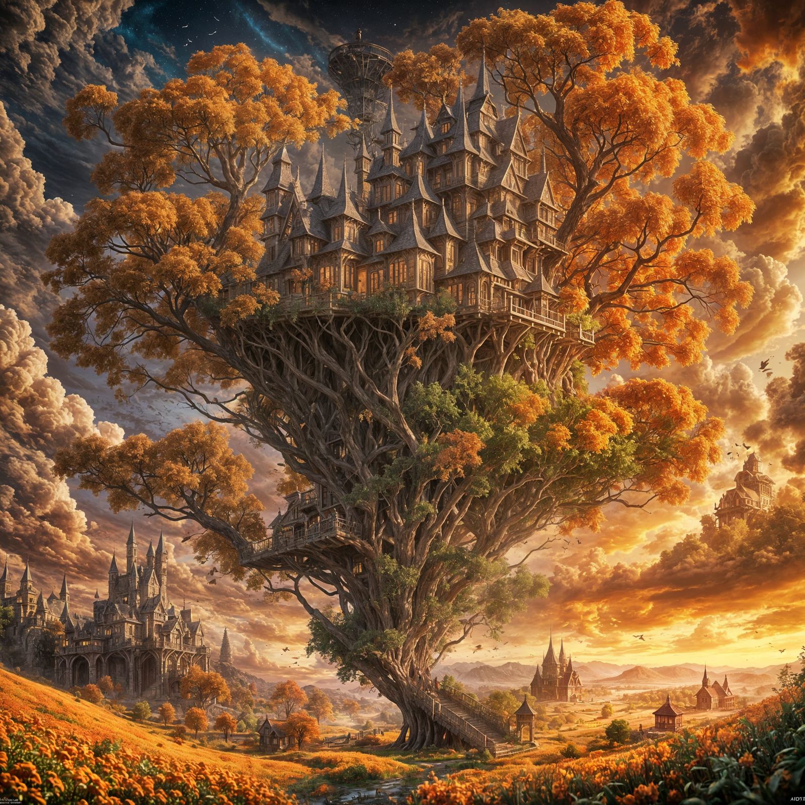 Treehouse Surrounded by a Wheat Fields with Red Orange Sky