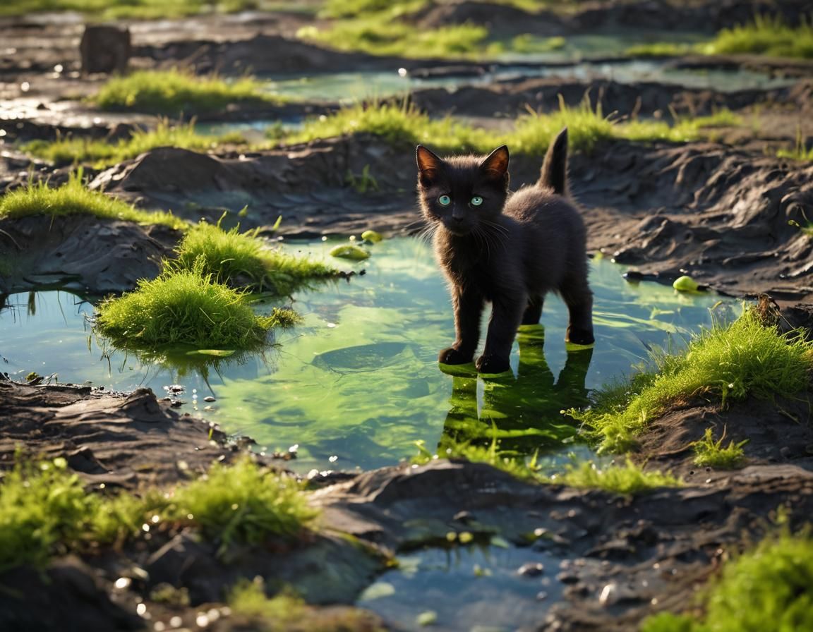 Little Black Kitten in Glowing Nuclear Wasteland