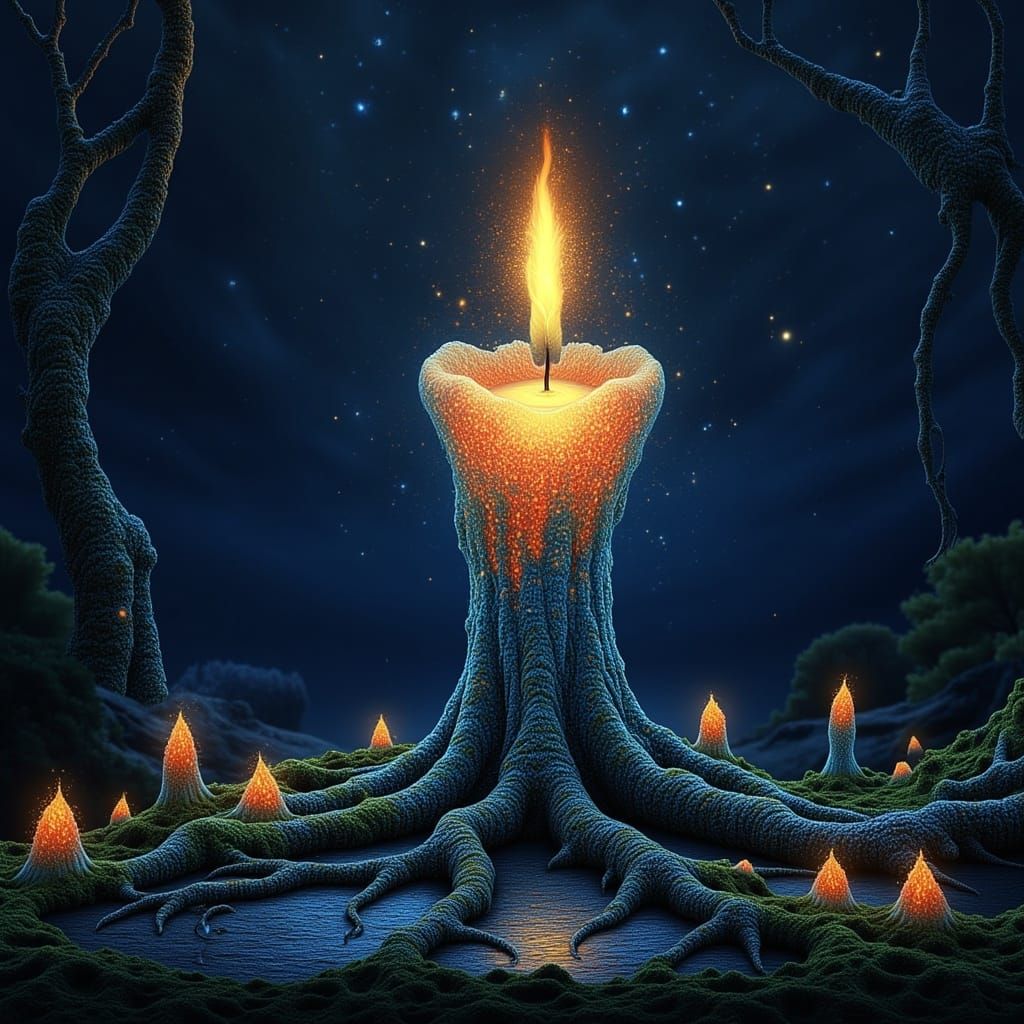 Surreal Candle Tower in Fractal Forest with Cosmic Portal