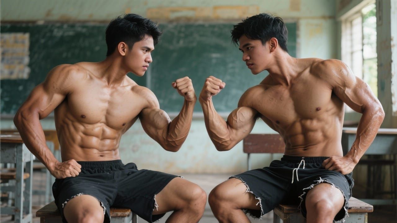 Muscular Men Embrace in School Hallway