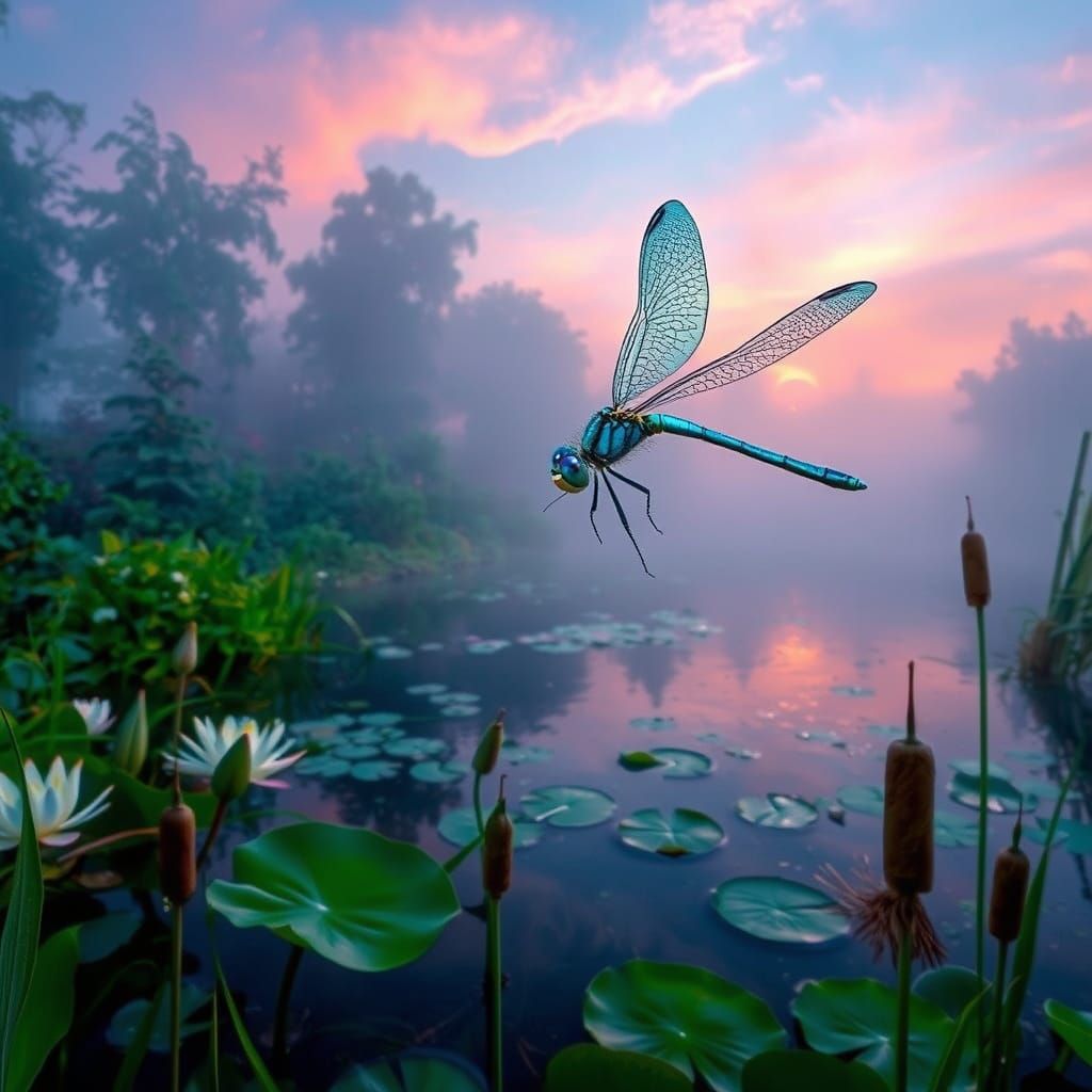 Turquoise Dragonfly Over Misty Pond, Surreal Photo