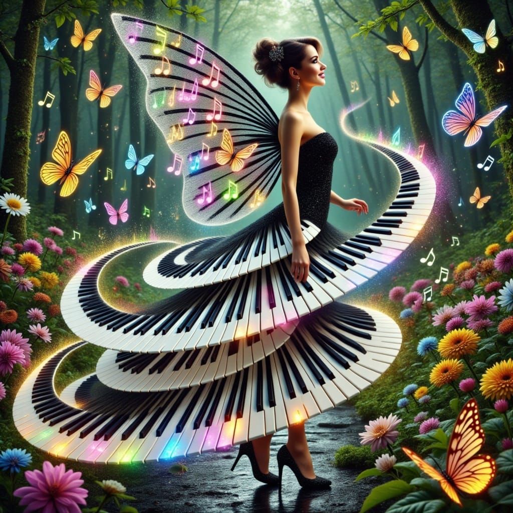 Whimsical Fairy in Vibrant Landscape with Pianodress