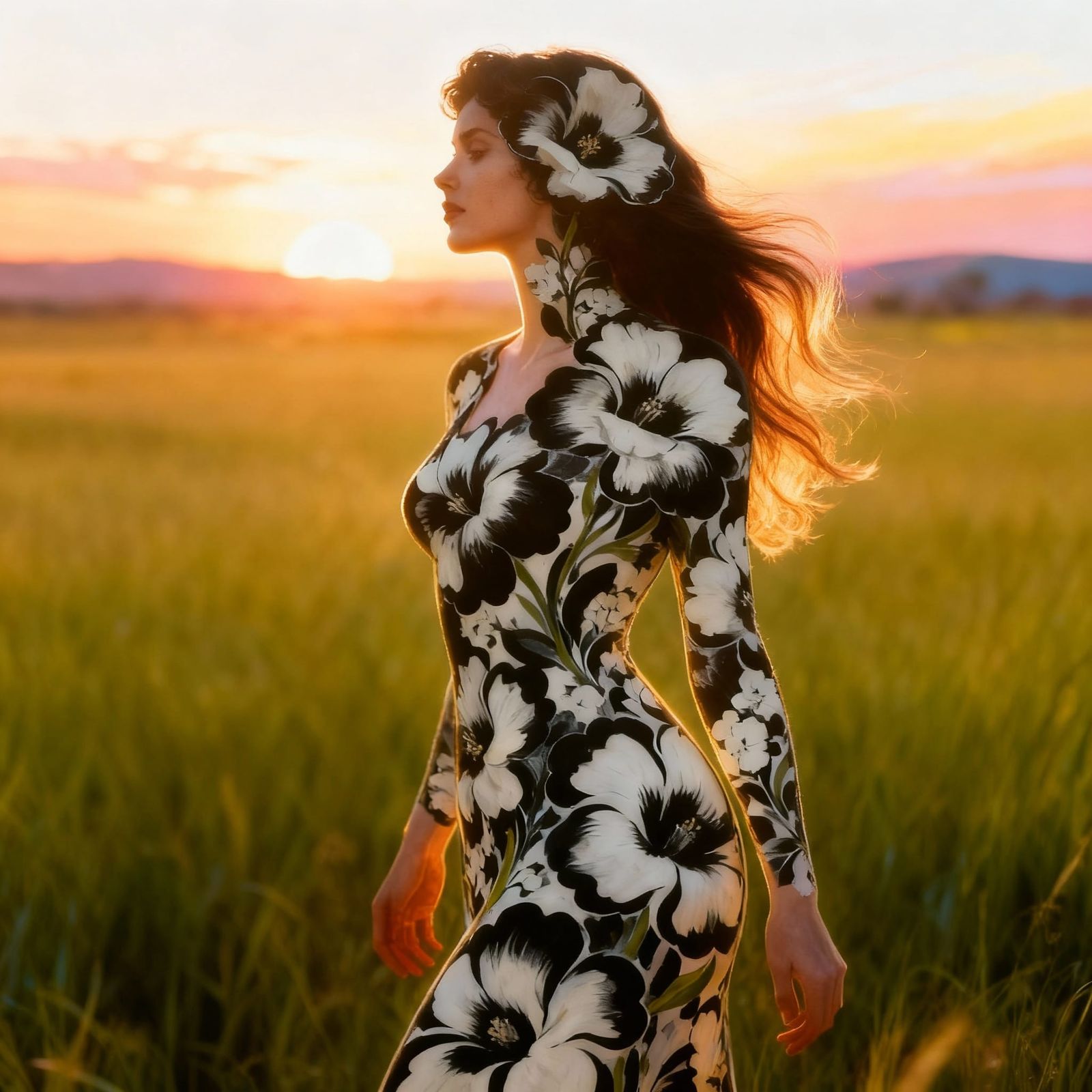 Woman Composed of Black and White Flowers at Sunrise