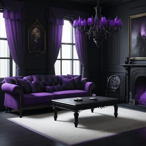 Ethereal gothic living room with black walls& black gothic windows with purple curtains& purple gothic furniture& purple...