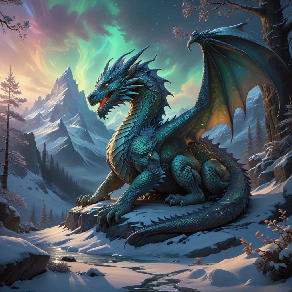 Aurora Dragon Protecting Kittens in Jugendstil Style