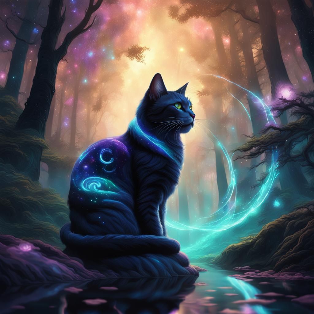 Mystical Galaxy Cat in Dark Fantasy Forest