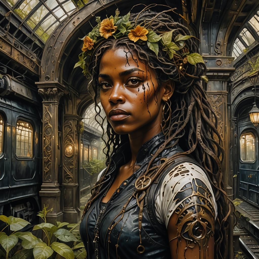 Black Woman in Secret Garden, Dalí-Inspired Oil Painting