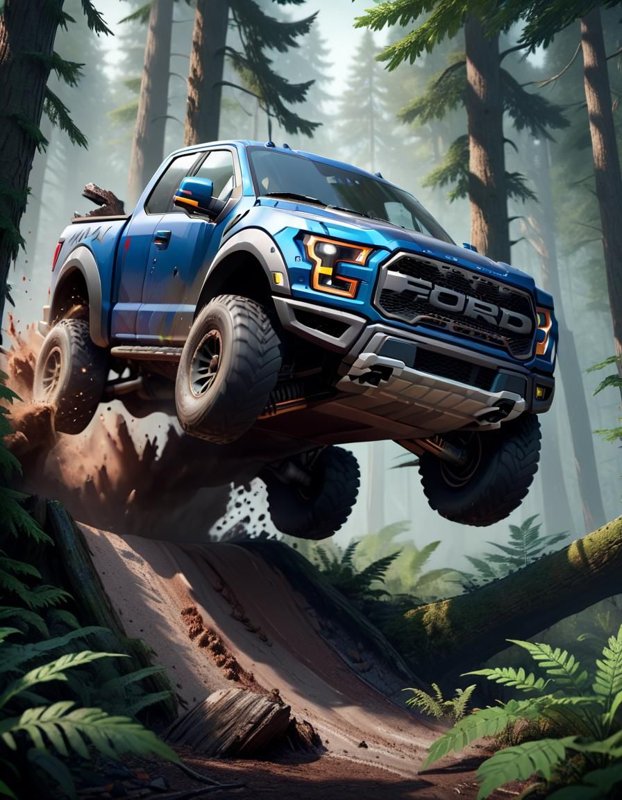 One Ford Raptor hitting a jump in the woods. detailed matte painting, deep color, fantastical, intricate detail, splash ...