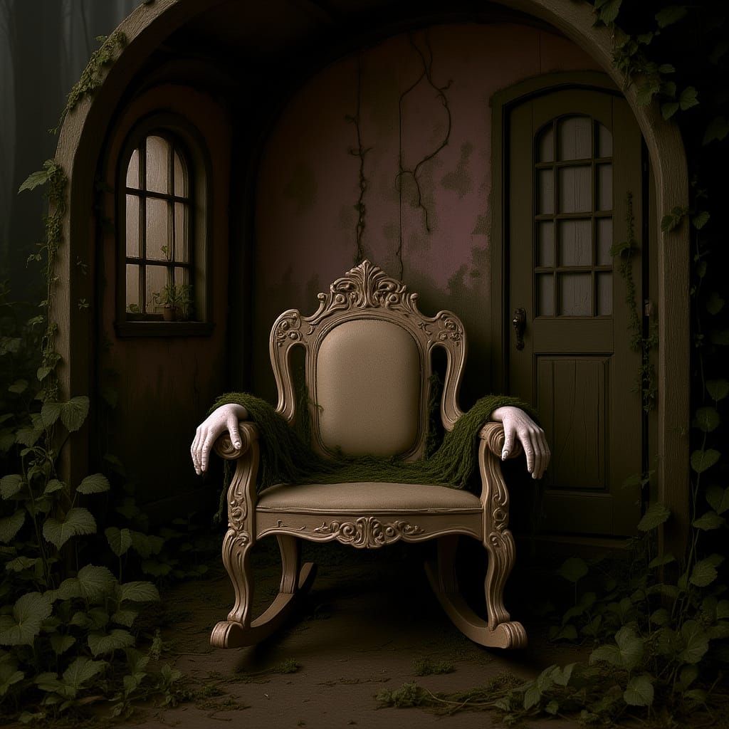 Eerie Dollhouse Rocking Chair in Surreal Style