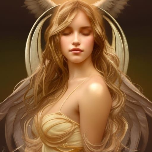 Golden Angel Goddess in Ocean, Art Nouveau Style