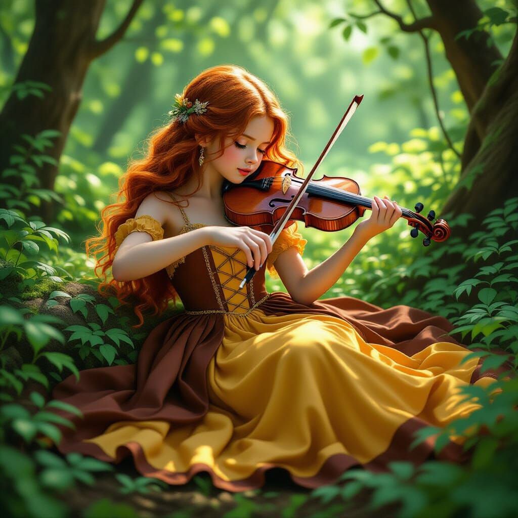 Girl Plays Violin in Forest, Realistic Digital Art