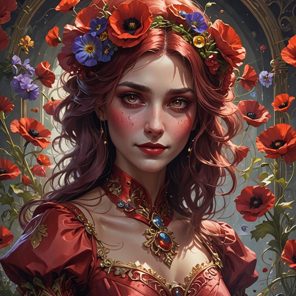 Ethereal Fantasy Portrait in Red Dress, Hyperdetailed