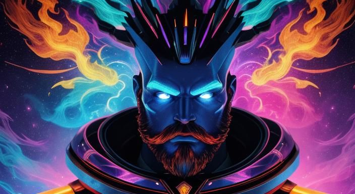 Robot Head with Fire Beard: Cosmic Astral Illustration