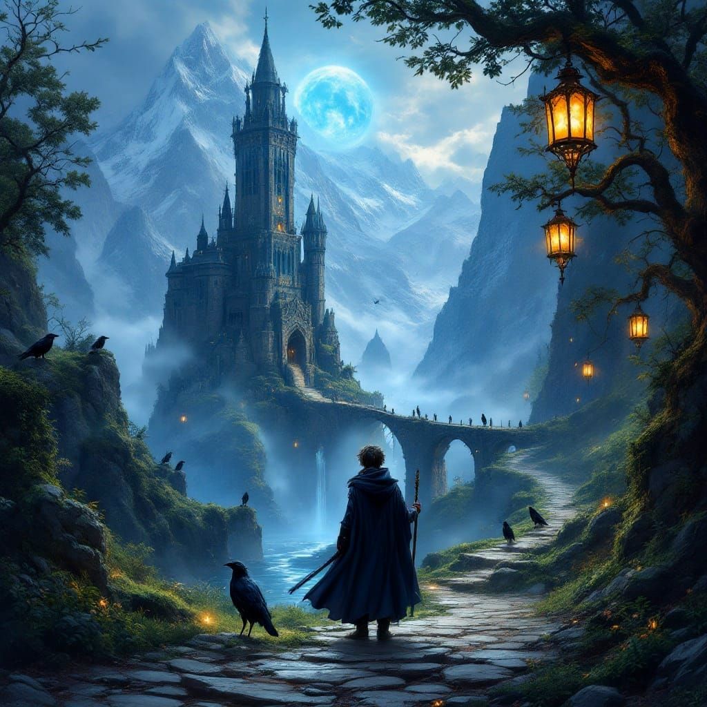 Ethereal Fantasy Scene: Wizard and Tower of High Sorcery