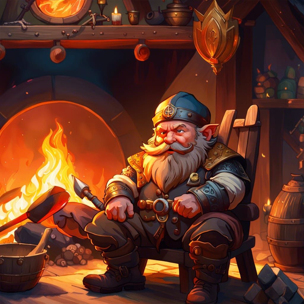 Dwarf with Eyepatch in Cozy House, Watercolor Style