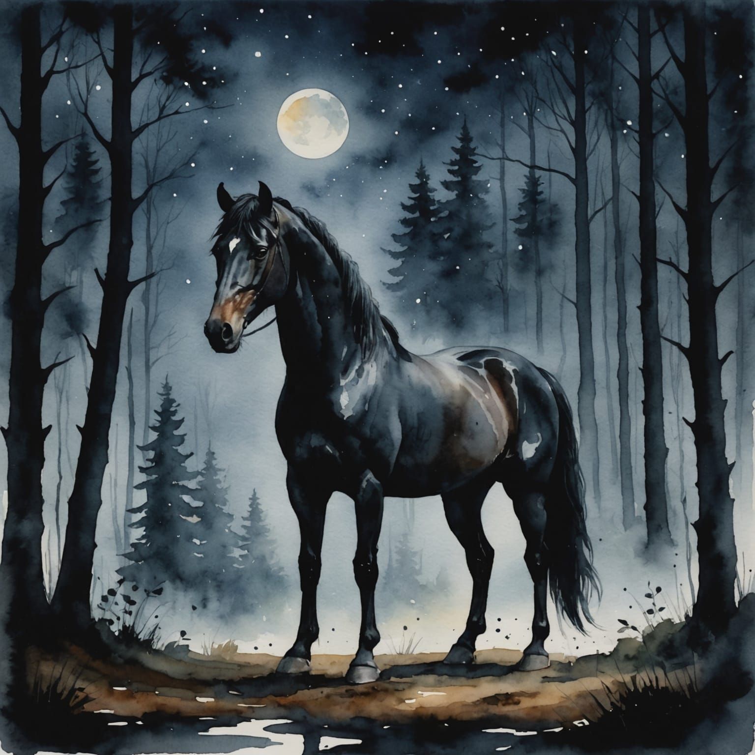Horse in Dark Forest: Wet Watercolor Style