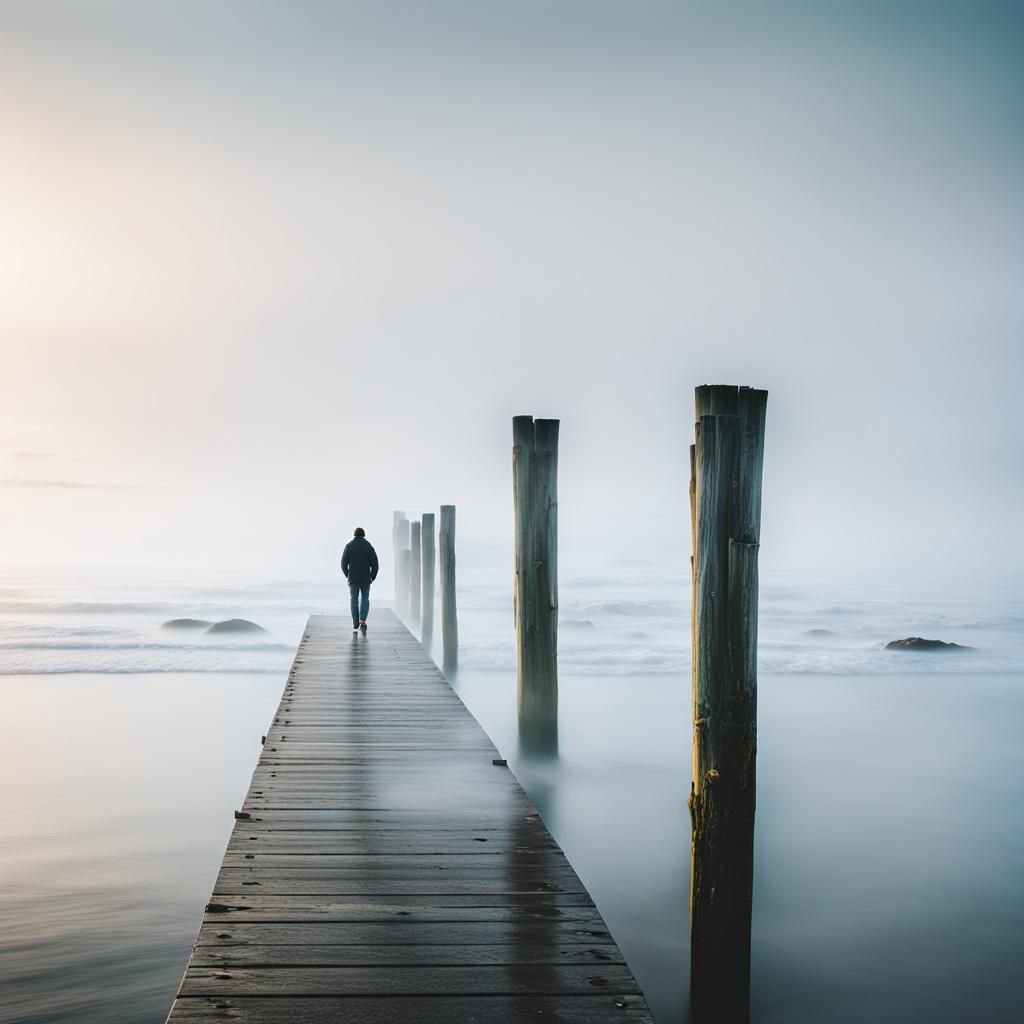 Lone Figure on Pier in Golden Light