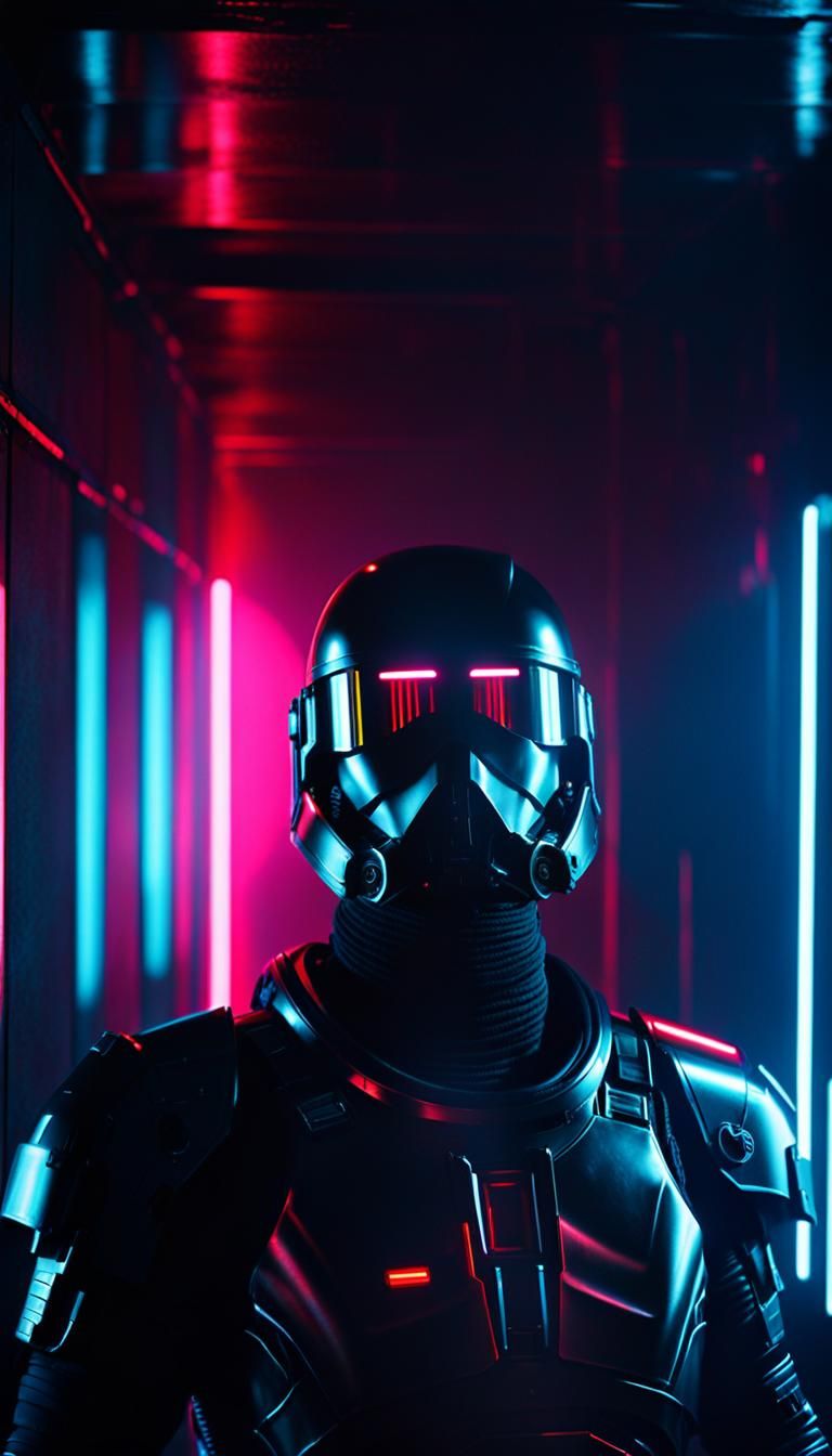 Epic Space Trooper in Neon-Lit Sci-Fi Film Noir