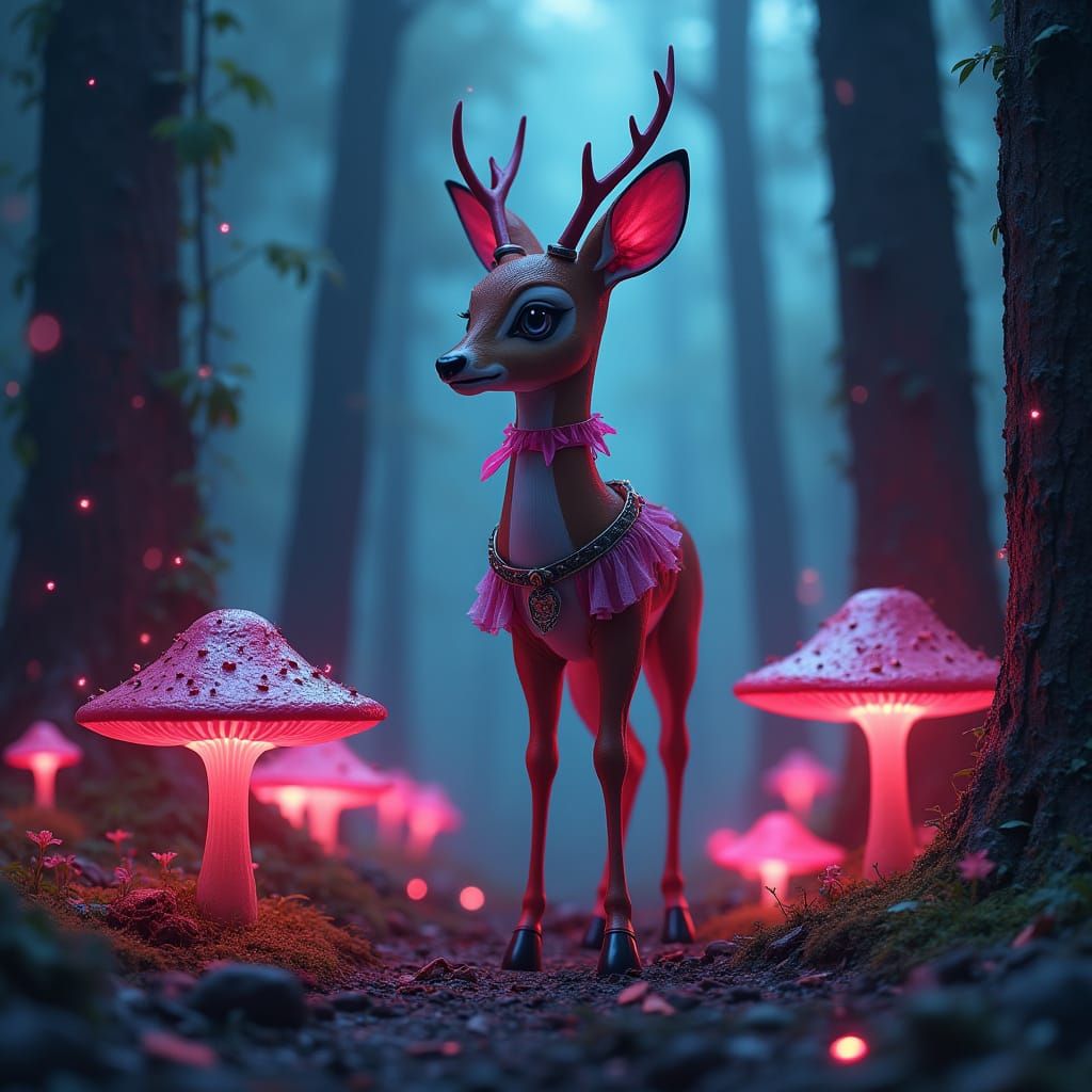 Bambi as Harley Quinn in Neon Forest, Surreal Art