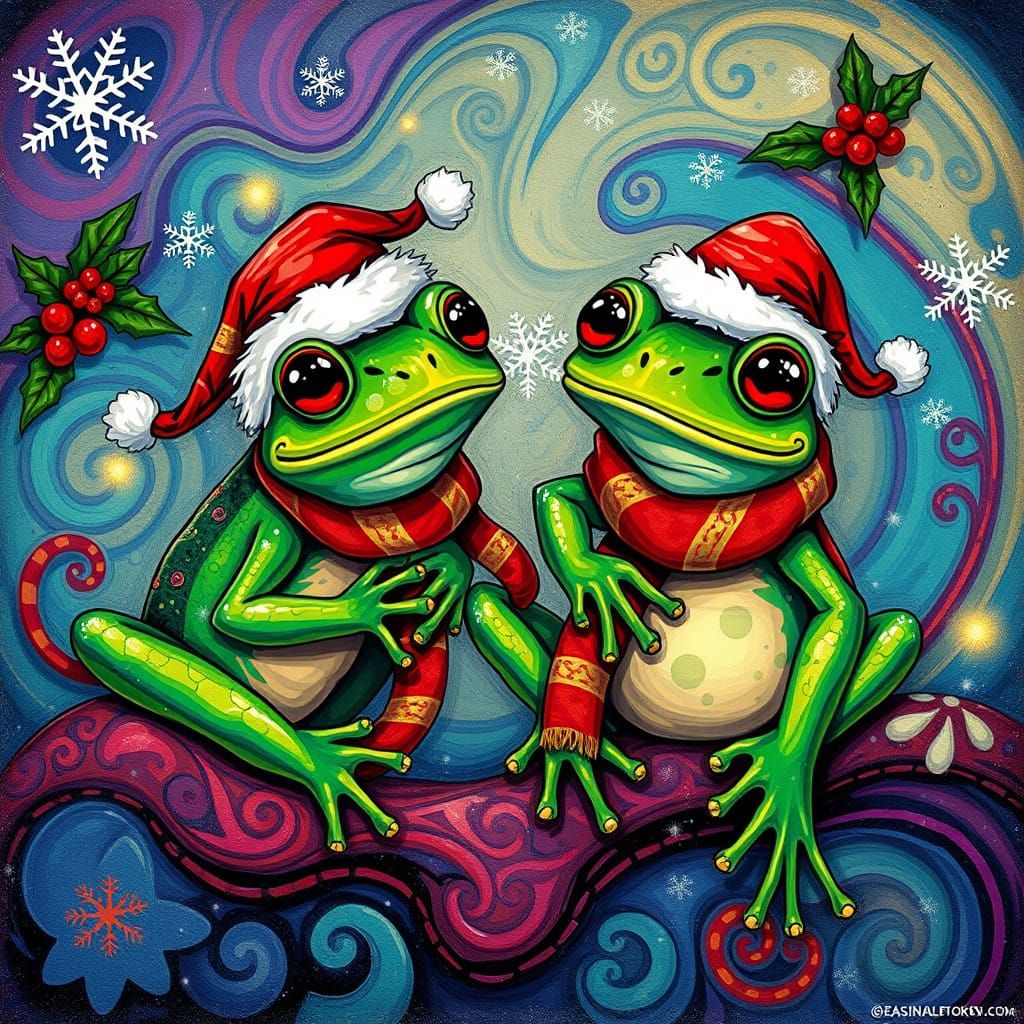 Whimsical Holiday Frogs in Psychedelic Wonderland