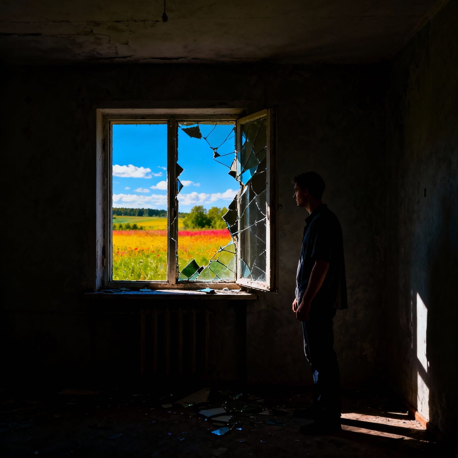 Man Gazes From Dark Room Through Broken Window to Sunny Day