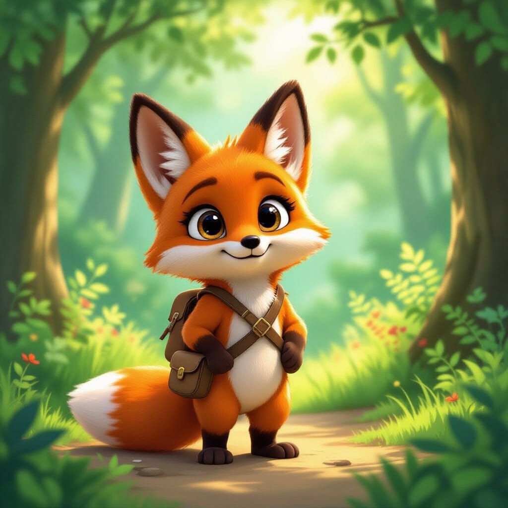 Cute Cartoon Fox Adventurer in Magical Forest