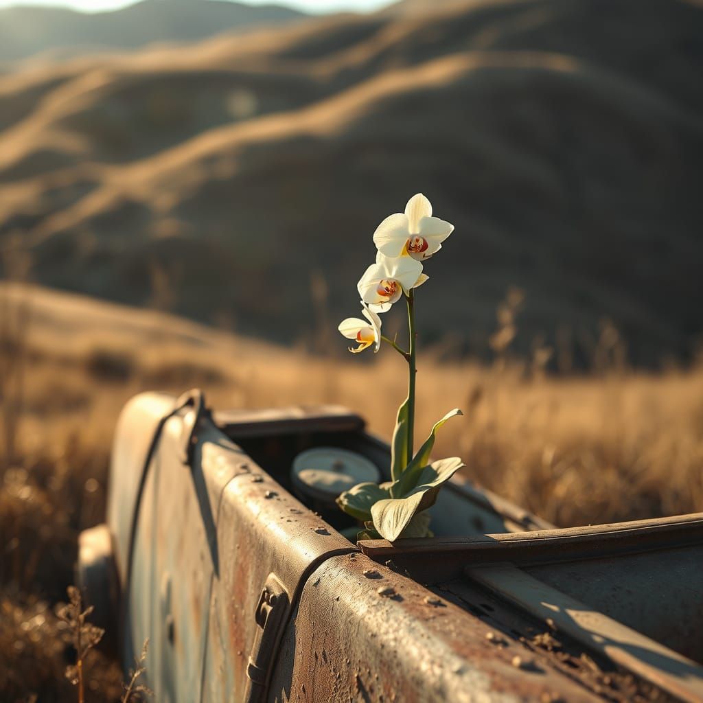 Orchid Blooms in Abandoned Car: Romantic Surrealism
