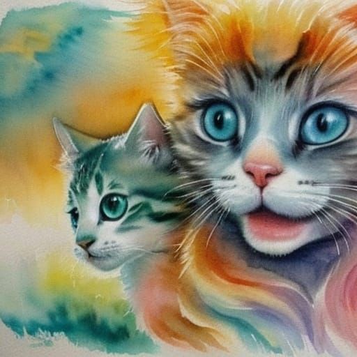 Playful Kittens in Watercolor Double Exposure