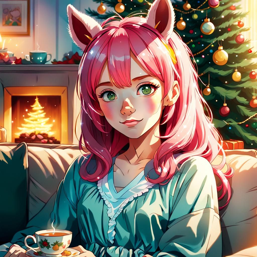 Cute Girl with Pink Hair Sits on Sofa, Petting Christmas Tre...