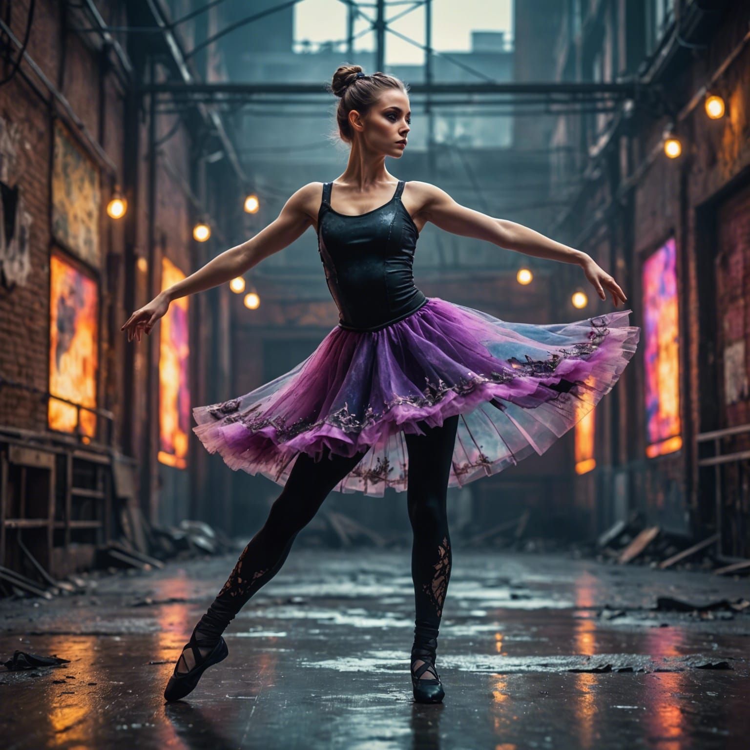 Ballerina in Apocalyptic Setting with Electric Colors