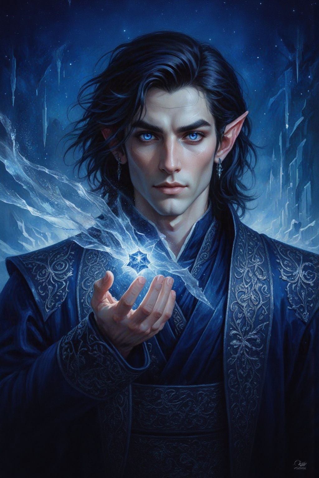 Handsome Elf Mage with Ice Shard, Fantasy Oil Painting