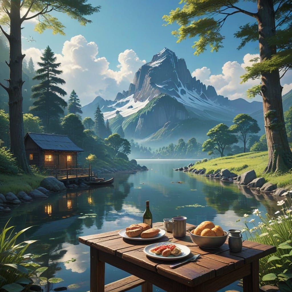 Rustic Lakeside Lunch Amidst Majestic Mountains