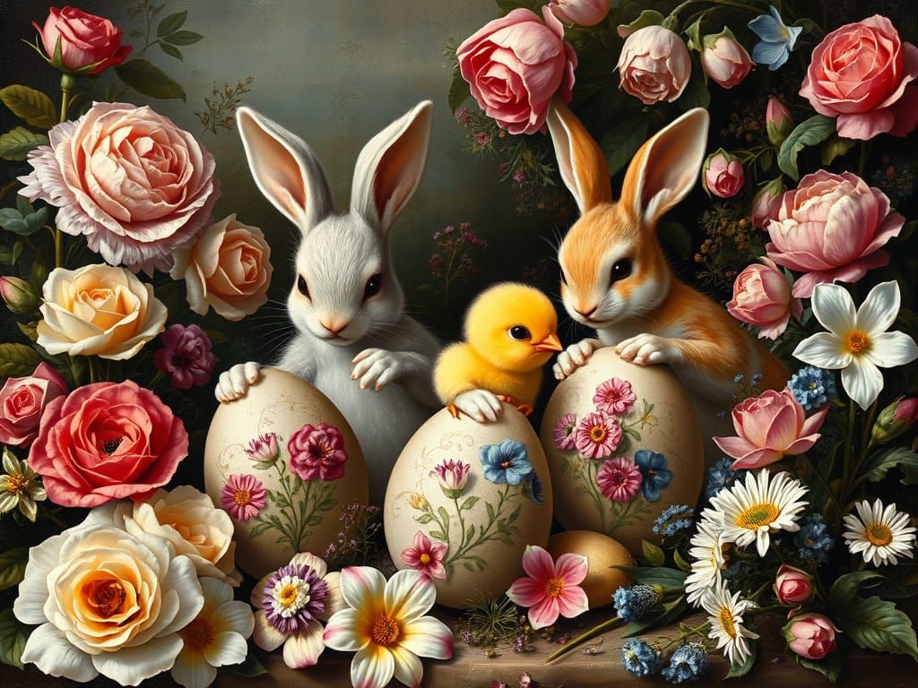 Bunnies and Chick Painting Easter Eggs in Renaissance Style