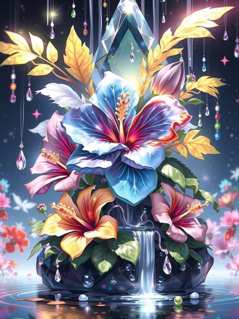 Crystal Waterfall & Rainbow Hibiscus