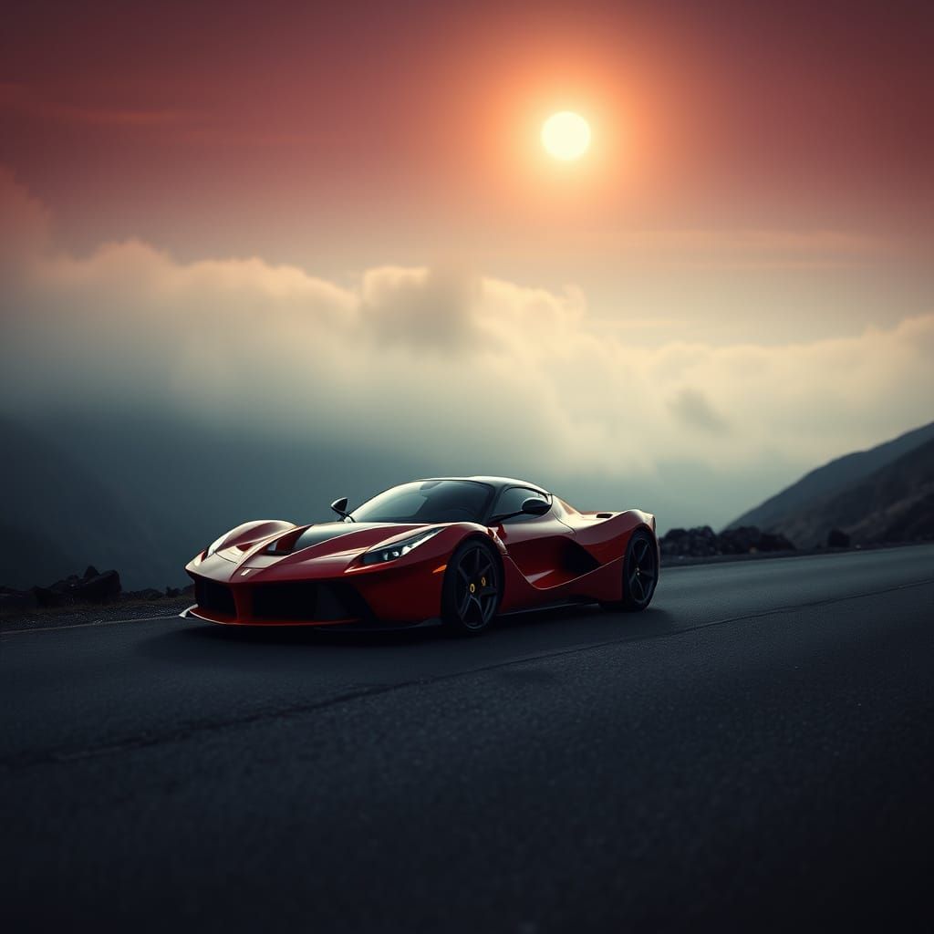 Sleek Ferrari LaFerrari on Misty Mountain Road Under Dramati...