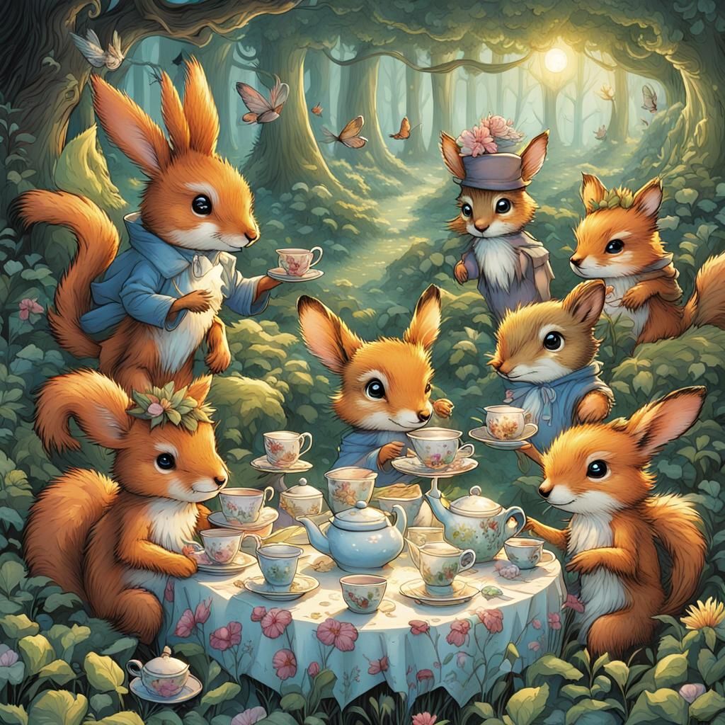 Whimsical Woodland Tea Party in Comic Book Style