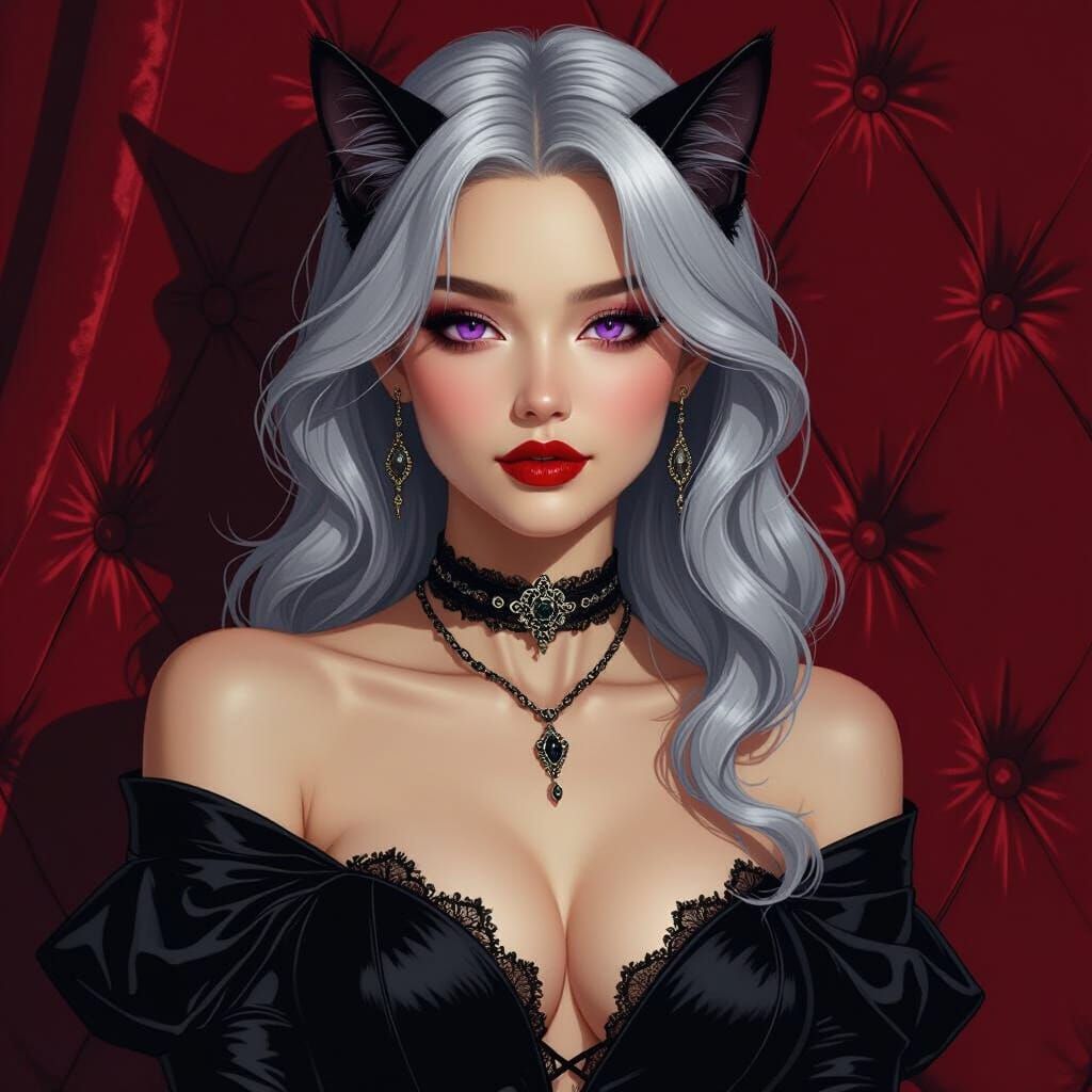 Silver-Haired Woman with Cat Eyes in Art Nouveau Style